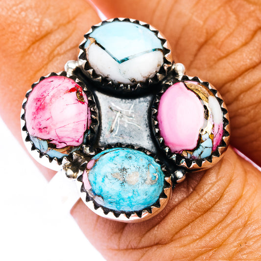 Turquoise, pink, and white cabochon ring with black scalloped silver bezel