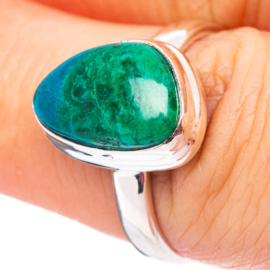 Sterling silver ring with oval green-blue chrysocolla cabochon, tapered band