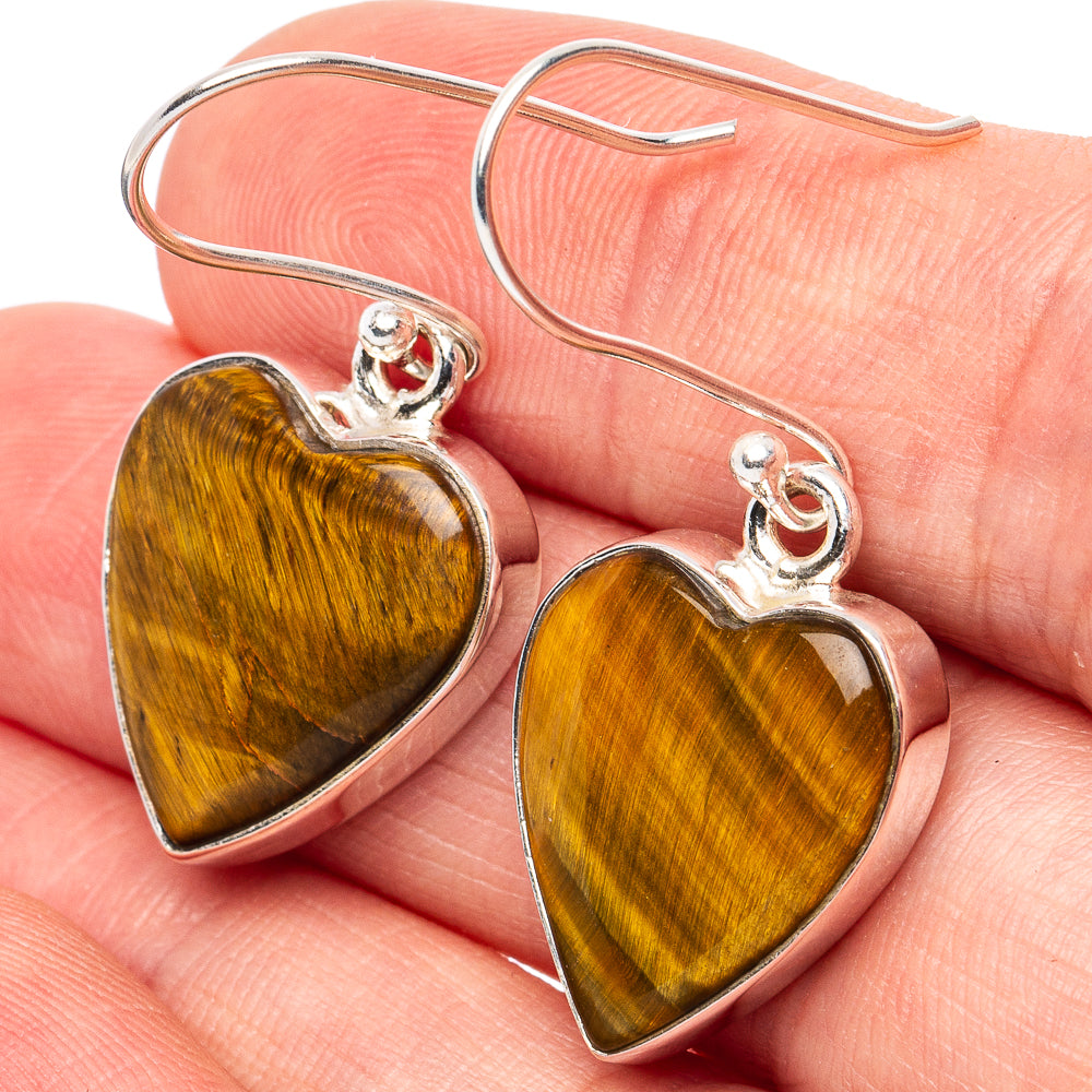 Tiger Eye Heart Earrings 1 1/2" (.925 Sterling Silver)