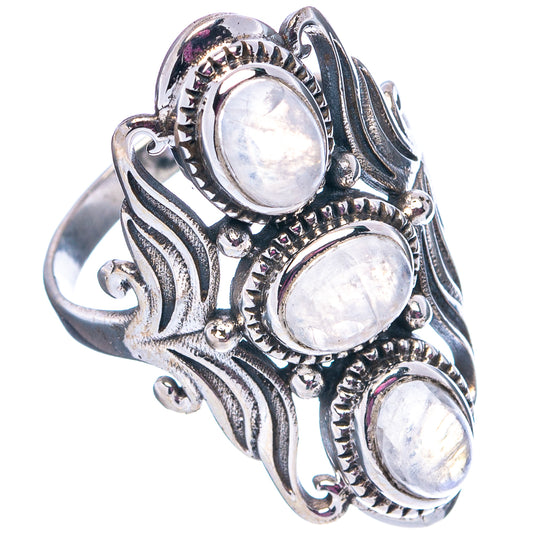 Sterling silver moonstone ring, three oval moonstone cabochons with ornate scroll setting