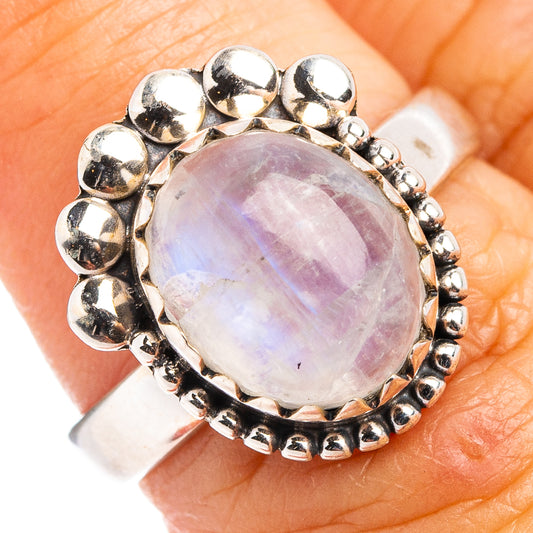 Rainbow moonstone ring, .925 sterling silver, oval cabochon with bead halo