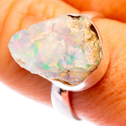 Rough opal ring with iridescent green-blue stone, 925 sterling silver band