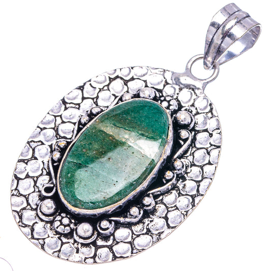 Green aventurine oval pendant with textured German silver border and loop bail
