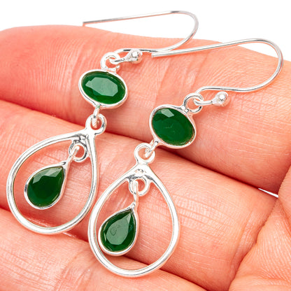 925 sterling silver green onyx teardrop drop earrings, three stone drops each