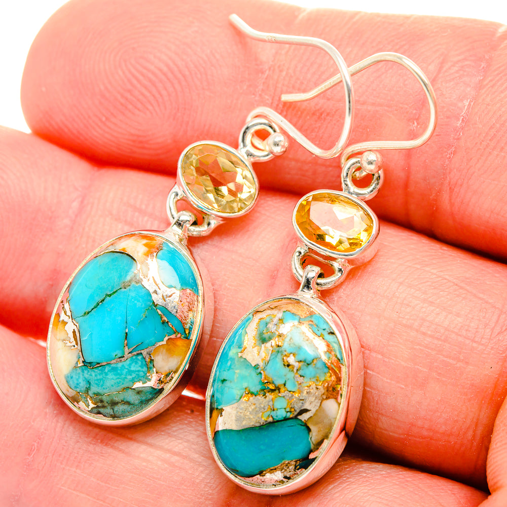Spiny Oyster Turquoise, Citrine Earrings 1 3/4" (925 Sterling Silver) EARR432103
