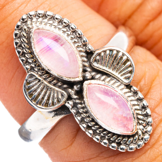 Pink moonstone ring, .925 sterling silver, with two oval pink cabochons and shell details