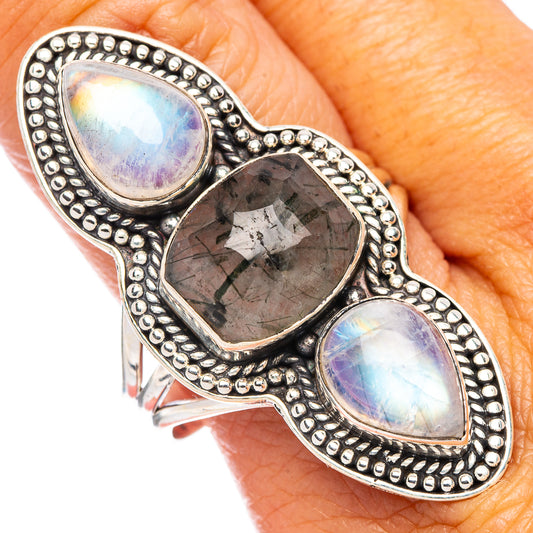 Large Tourmalinated Quartz, Rainbow Moonstone Ring Size 11.75 (925 Sterling Silver) R7087