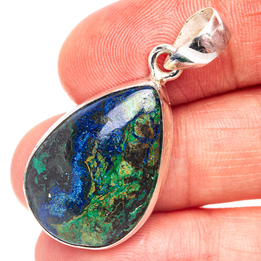Sterling silver teardrop pendant with blue-green azurite malachite gemstone and bail loop