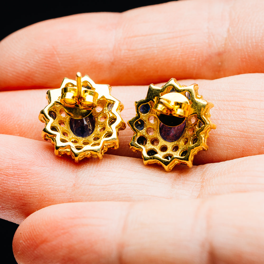 Tanzanite, Sapphire Floral Cluster Earrings 5/8" (.925 Sterling Silver) 24k Gold Plated