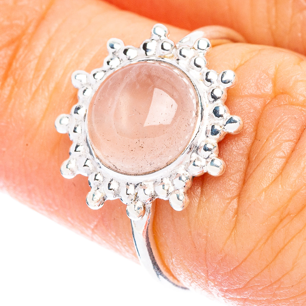 Sterling silver dainty ring with round rose quartz cabochon and bead halo, size 5.25