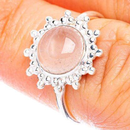 Sterling silver dainty ring with round rose quartz cabochon and bead halo, size 5.25