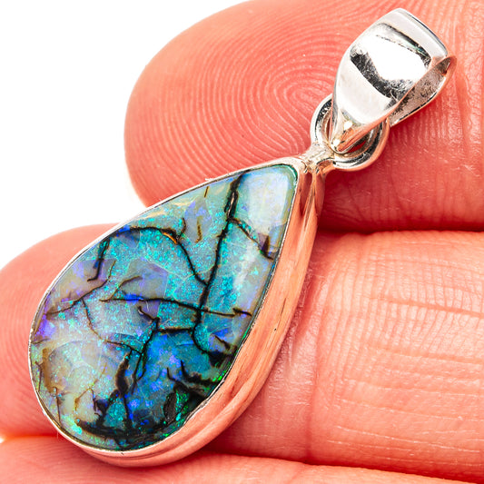 Sterling silver teardrop opal pendant with blue-green iridescent gemstone