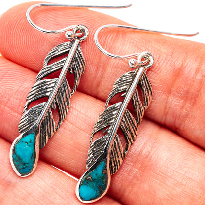 Native Style Mohave Turquoise Feather Earrings 1 5/8" (.925 Sterling Silver)
