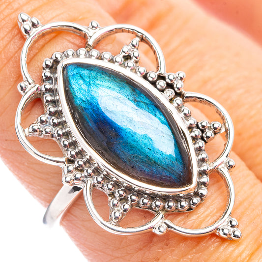 Sterling silver labradorite ring with blue marquise stone and ornate bezel setting