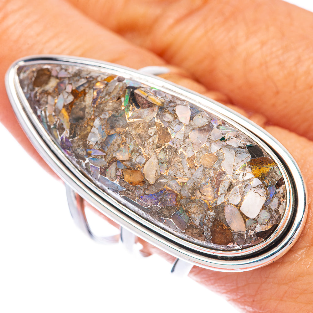 925 sterling silver oval opal ring, bezel-set with brecciated multicolor stone