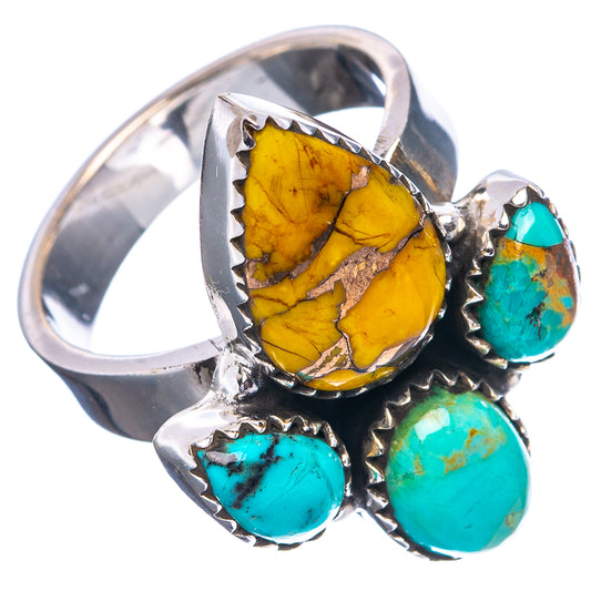 Sterling silver adjustable ring showing yellow oval stone and three turquoise cabochons