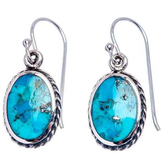 Turquoise oval cabochon dangle earrings, .925 sterling silver oval frame