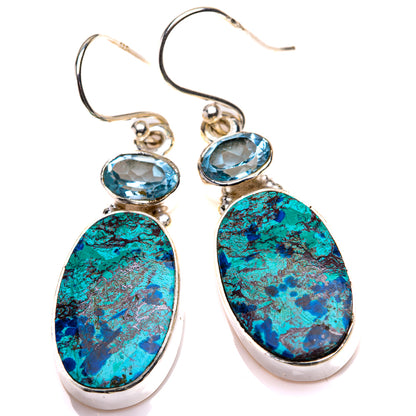 Shattuckite, Blue Topaz Earrings 1 5/8" (925 Sterling Silver) EARR432152