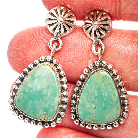 Turquoise teardrop sterling silver dangle earrings, sunburst cap and beaded edge