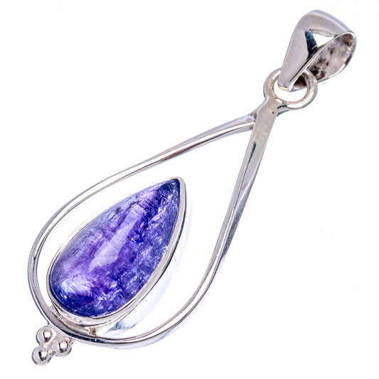 Sterling silver teardrop tanzanite pendant with blue-violet stone, oval frame.