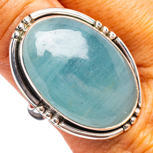 Oval aquamarine gemstone sterling silver ring with beaded bezel, size 9