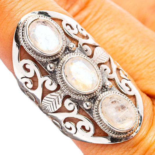 Sterling silver moonstone ring with three oval cabochons and ornate cutwork