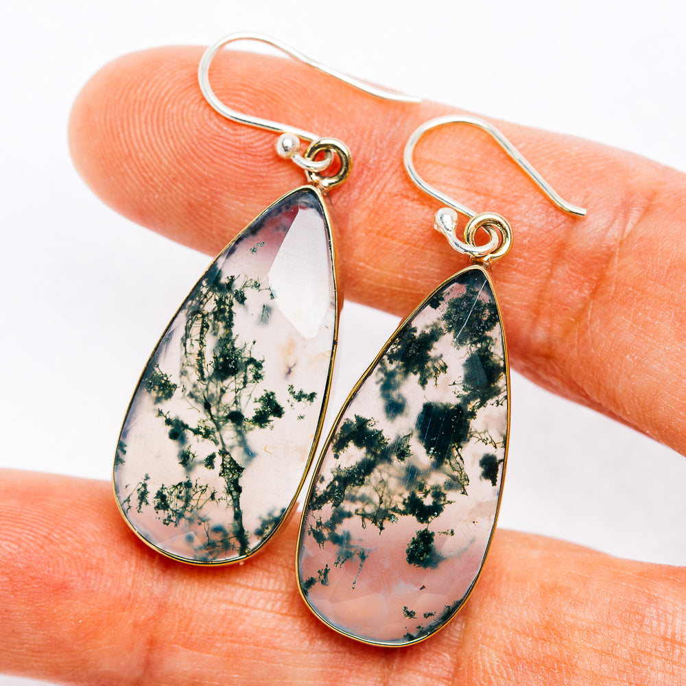 Green Moss Agate Earrings 1 3/4" (German Silver)