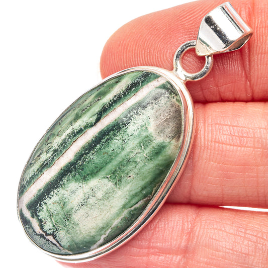 Green zebra jasper oval pendant in .925 sterling silver bezel with bail