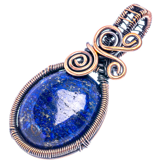 Lapis lazuli oval wire-wrapped pendant with oxidized copper swirls and loop spirals