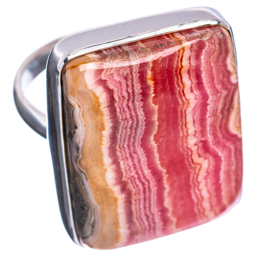 Sterling silver rhodochrosite ring with oval pink-white striped stone and polished bezel