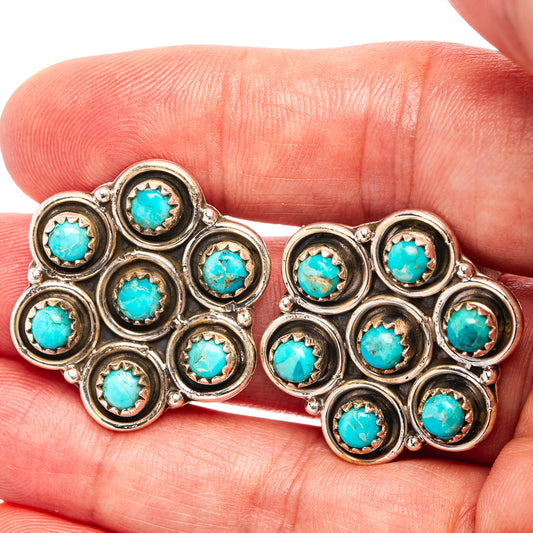 Turquoise cabochon stud earrings, .925 sterling silver, circular bezel stone cluster