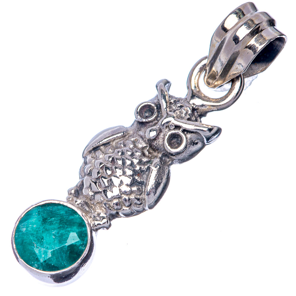 Sterling silver owl pendant charm with round green gemstone and top loop bail