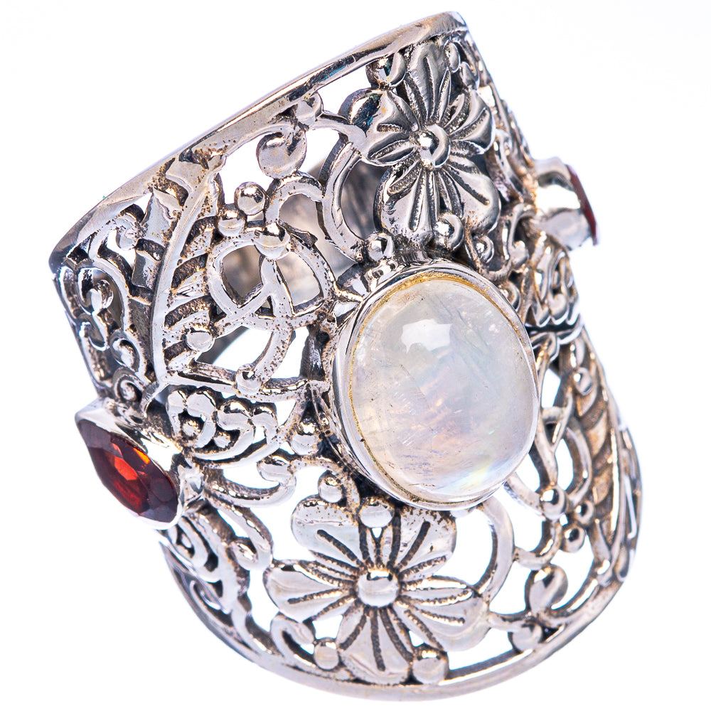 Large Rainbow Moonstone, Garnet Ring Size 6.75 (925 Sterling Silver) R1336