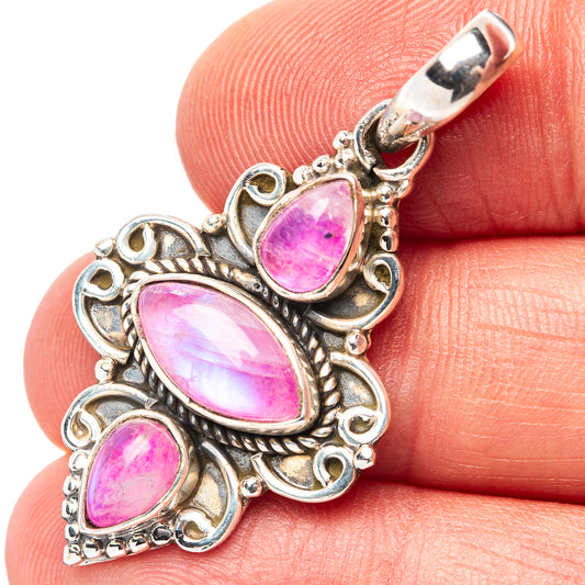 Sterling silver moonstone pendant with three pink teardrop cabochons, ornate bezel