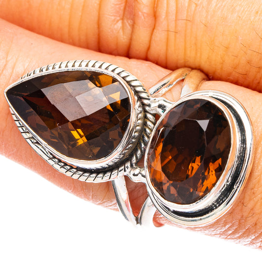 Large 925 sterling silver ring with dual smoky quartz teardrop stones, ornate bezel