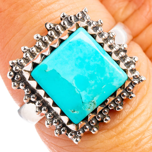 Turquoise inlay sterling silver ring with scalloped bead setting, size 7