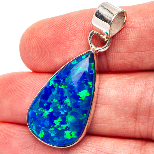 Sterling silver opal pendant, teardrop blue lab opal with hinged bail.