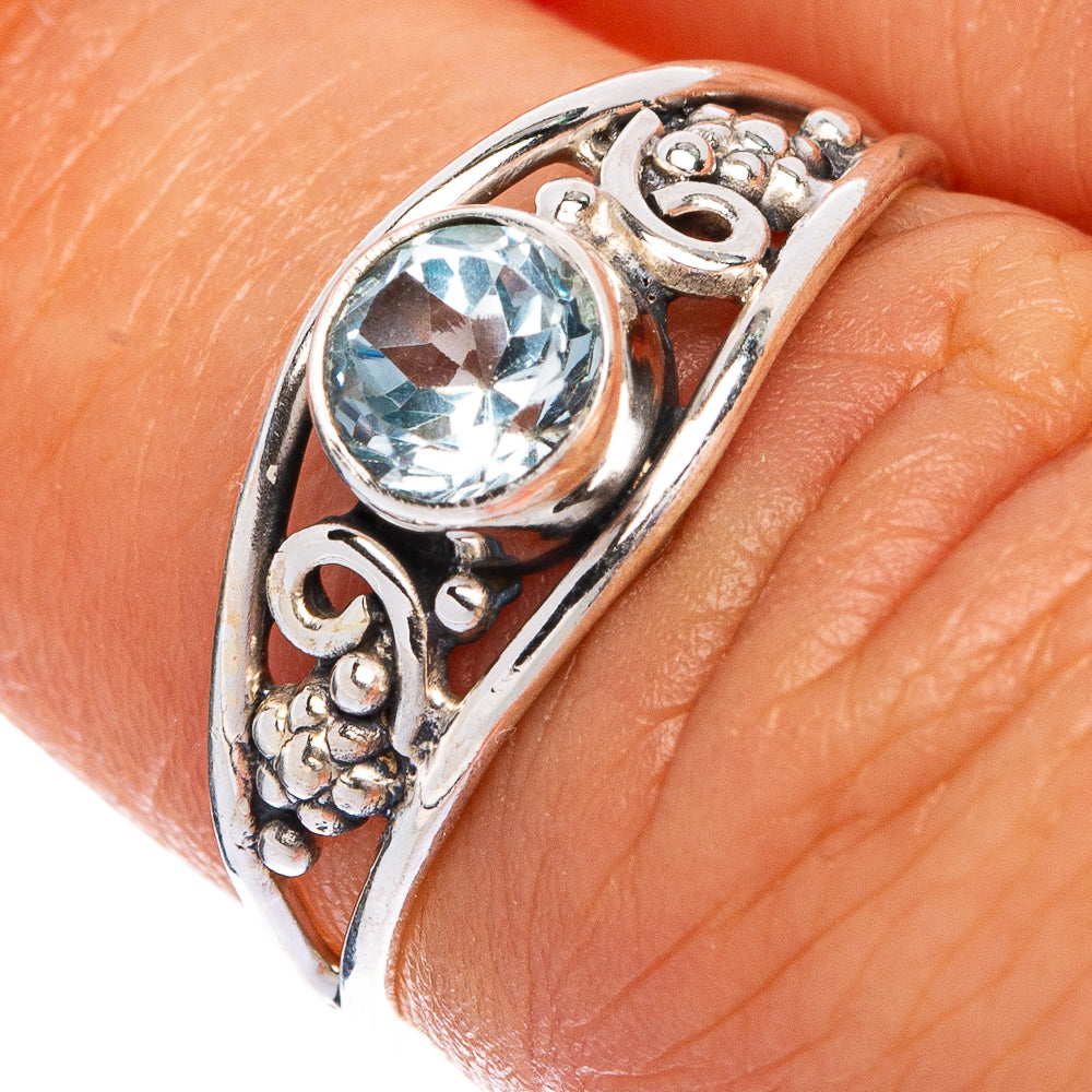 925 sterling silver dainty ring with round blue topaz and ornate filigree setting