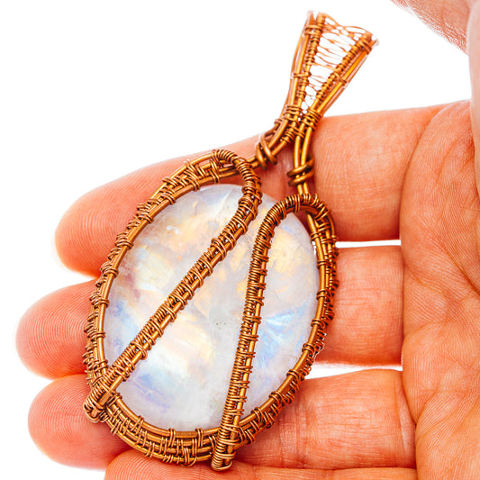 Rainbow Moonstone Wire Wrap Pendant 3 1/8" (Copper)