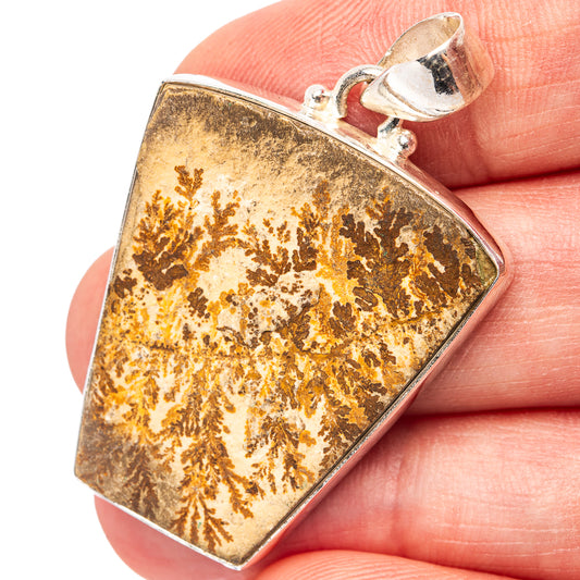 Dendritic stone pendant in .925 sterling silver, square frame with amber tree patterns