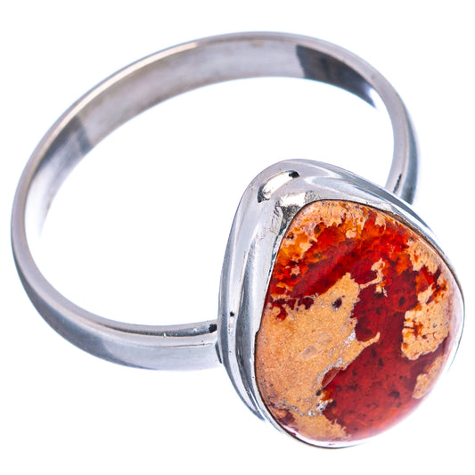 Oval fire opal cabochon sterling silver ring, side view with red orange speckled stone