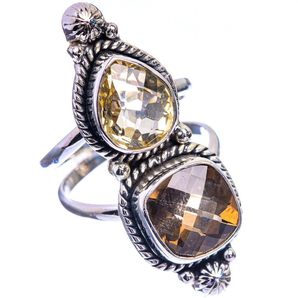 925 sterling silver ring with oval smoky quartz and citrine stones, decorative prong settings