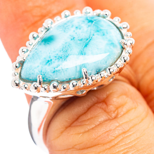 Oval larimar gemstone ring in .925 sterling silver, size 6.75, scalloped bezel