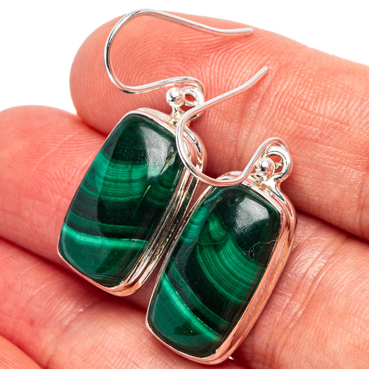 Malachite earrings, .925 sterling silver frame with green striped rectangular stone and hooks