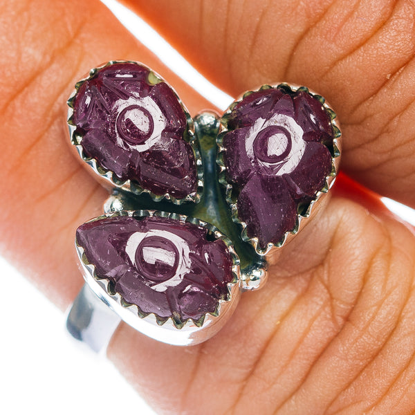 Premium 3-Gemstone Carved Ruby Ring Size 7 (.925 Sterling Silver)
