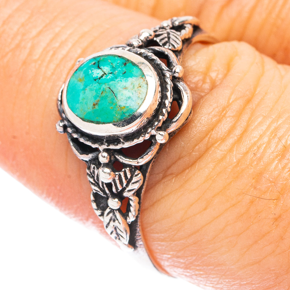 Turquoise cabochon sterling silver ring with ornate leaf filigree setting, size 8.75