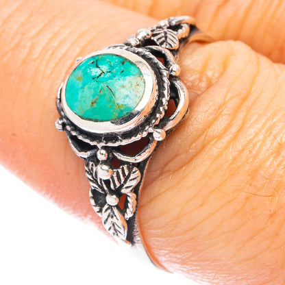 Turquoise cabochon sterling silver ring with ornate leaf filigree setting, size 8.75