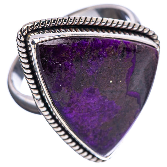 Triangular purple sugilite gemstone ring in sterling silver with textured rope border.