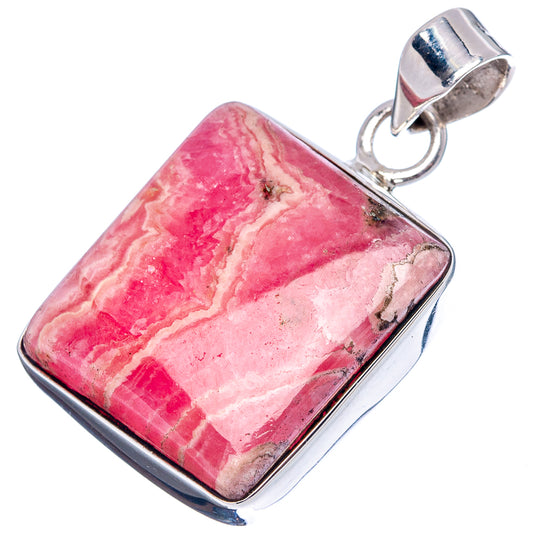 Square rhodochrosite pendant in .925 sterling silver, pink veined stone bezel, top loop