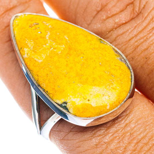 Sterling silver ring with teardrop yellow bumblebee jasper cabochon, close-up